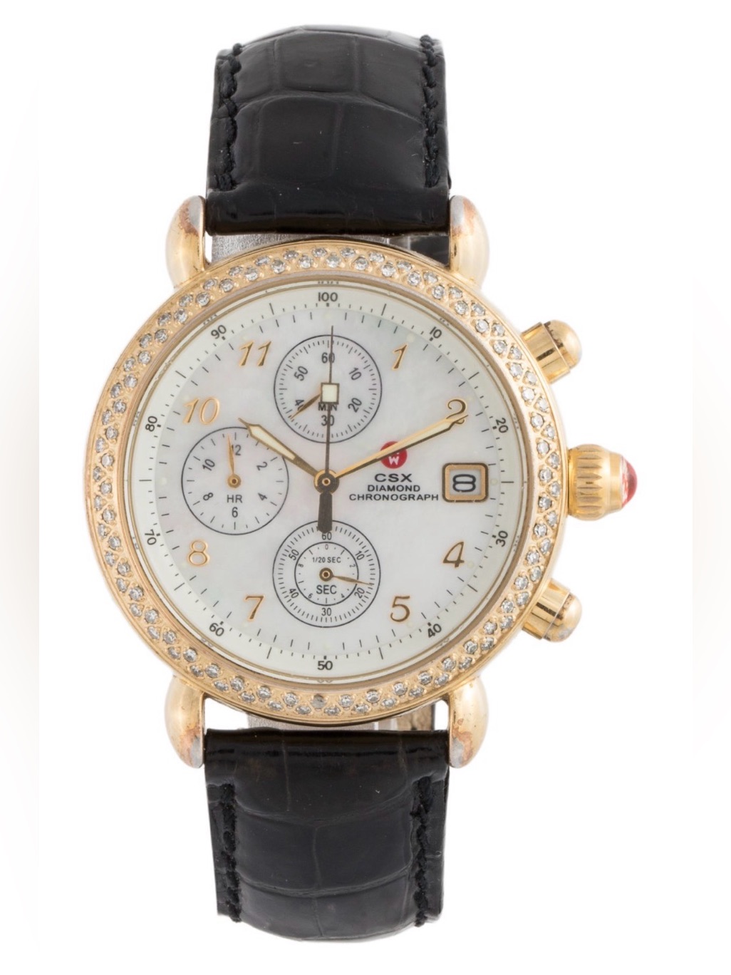 Michele Csx Diamond Chronograph Watch GoldTone Black Strap